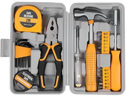 24-tlg Haushaltswerkzeug Set Handwerkzeug-Set mit Schraubenschlüssel, 12 Schraubendreher-Bits, Drahtschneider, Elektrikerbleistift, Stahlmaßband, Isolierband Kleiner Werkzeugkoffer Haushalt Profi
