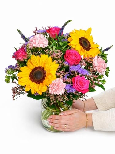 Blumenstrauß Sonnenschein in RosaOrange, mit Limonium, Nelken, Rosen, Sonnenblumen