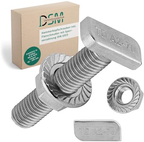 DSM – Viti a testa martello con dado flangiato M8 x 50 mm – Tipo 28/15 – Acciaio inox A2 – Dado con dentatura di bloccaggio a norma DIN 6923 – Kit di montaggio per profili in alluminio, pannelli