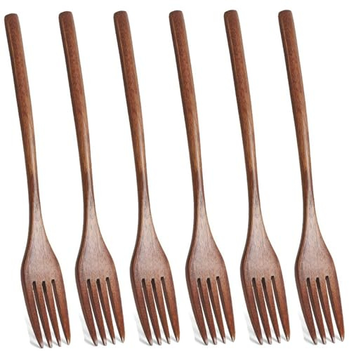 Kucensi Holz Gabeln Set, 6 Stück Holz Vintage Style braun praktische Besteck Geschirr Besteck Set Abendessen Gabeln für Küche Home Restaurant