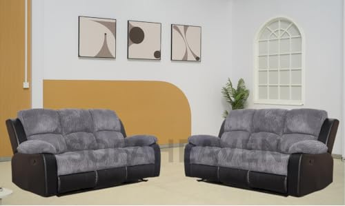 Rio Recliner Black/Grey Jumbo Cord Fabric 3+2+1 Seater Sofa Set - For Living Room Furniture - Manual Recliner Sofa with Dropdown Table & Cupholders (3+3)