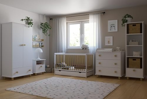 ZEE - Babybett Kinderbett, 2w1 Bett Lumi - mit Schublade, Schutzgitter und Schaumstoffmatratze inklusive - Set mit antiallergischer Matratze - 120x60cm - Weiß/Natur
