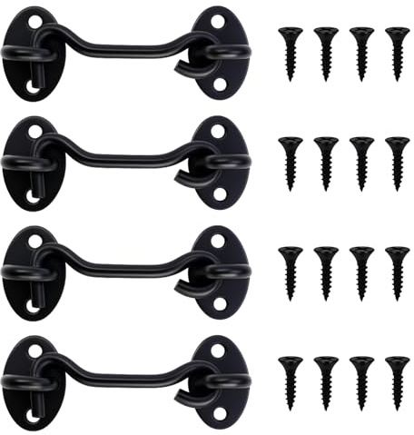 4 Stück Sturmhaken 9,5 cm Sturmhaken mit öSe,Kabinenhaken Edelstahl,TüRhaken Schwarz Fensterhaken, Schwingtüren, Gartentor, Scheunentor, Innenbereich & Außenbereich, Riegelverschluss