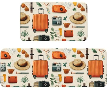 Tappetini da cucina antifatica per pavimento, 2 pezzi, con stampa di valigie, antiscivolo, lavabili, per ufficio, lavanderia, bagno, decorazione per la casa e accessori