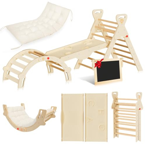 CHAO KWORLDS Pikler Triangle Set 8-in-1 Foldable Montessori Wooden Climbing Toys for Toddlers 1-5 Years Indoor Jungle Gym with Slide, Arch Ladder & Ramp Solid Wood Baby Activity Climber