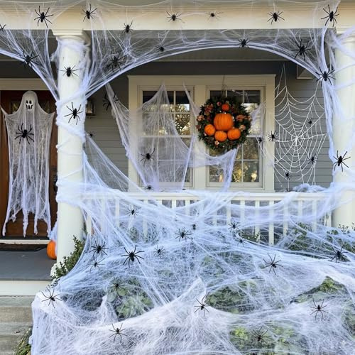 AUIFFER Ragnatele Halloween Decorazioni, 200g Ragnatele Estensibili e 60 Ragni Artificiali, Ragnatela Halloween Decorazione, Decorazioni Halloween Esterno, Giardino, Decorazione per Festa di Horror