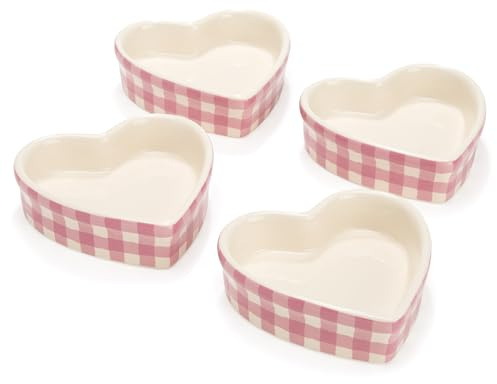 Paris Hilton Heart Shaped Ramekins Oven Safe, 4-Piece Mini Ceramic Ramekin Set, Stoneware Baking Dishes, Microwave, Dishwasher & Freezer Safe, Gingham Design, 3-Ounce, Pink