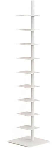 Étagère à 9 niveaux en métal, tour verticale idéale pour les petits espaces, solution d'angle polyvalente, bibliothèque échelle haute et étroite pour un superbe affichage de livres à la maison (blanc)