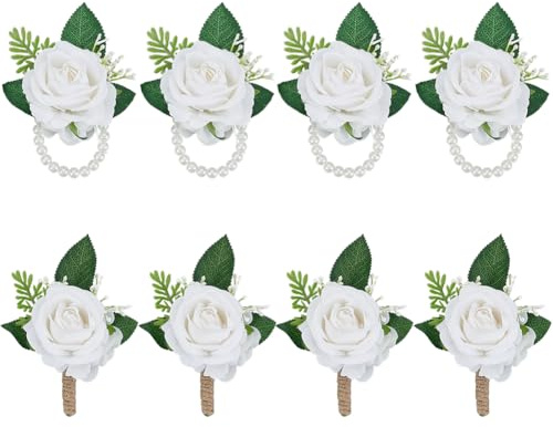 CUTHOLLOW 8 Stück Boutonniere Hochzeit and Corsage, Boutonniere Hochzeit Herren Set, Knopfloch Blumen mit Nadel und Clip, Künstliche Weiße Rosen-Ansteckblume für Braut, Bräutigam, Abschlussball