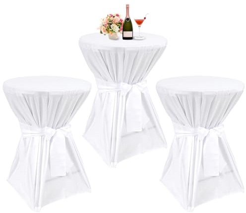3er-Set Weiß Stehtisch Husse Ø 80-85 cm, Neues Band-Design & Stylische Gestalt Stehtischhussen, Verstärkung im Fußbereich, rutschfest Tischhusse Tischdecke für Stehtische und Bistrotische(80x110cm)