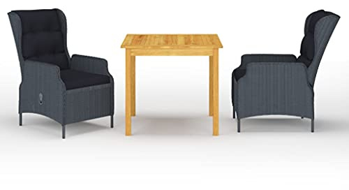 JHQHSM 3 pezzi Gruppo da giardino grigio scuro in legno di acacia con sedie in rattan PE e schienale regolabile per terrazze balcone esterno Relax Comfort