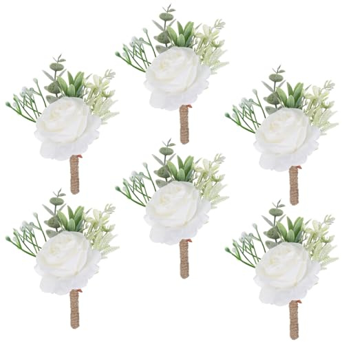 Cabilock 6 Stück Weiße Ansteckblumen für Bräutigam Künstliche Boutonnière Knopflochblume mit Nadel Hochzeit Anzug Blumennadel für Zeremonie Feier und Empfang