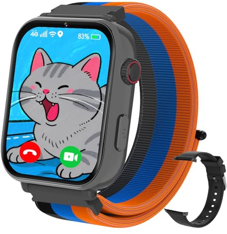 Smartwatch für Kinder, 4G GPS Kinder Smartwatch Uhr Telefon Video und Voice Smart Familienchat SMS WIFI, SOS Sport Schrittzähler Spiele, Kindergeschenke Armbanduhr Uhr für ab 4 Jahren, Schwarz