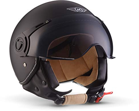 MOTO Helmets® H44 „Matt Black“ · Casque · de Moto Demi-Jet Scooter Vintage Retro Chopper Cruiser Bobber Pilot Biker Femme Homme Vintage · ECE 22.05 Visor Click-n-Secure Sac XS (53-54cm)