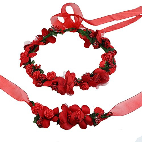 AiSi Blumenkranz mit Armband, Handgelenk Band Haarband Set, Stirnband Haarkranz Blumen Krone Boho Style für Festival Hochzeit Braut Brautjungfer Party