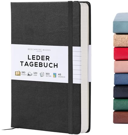 Linjerad anteckningsbok – Premium A5 dagbok från Beechmore Books | Klassisk 21,4 x 14,5 cm hårt omslag av veganläder, tjockt 120 gsm gräddfärgat papper | Presentask |