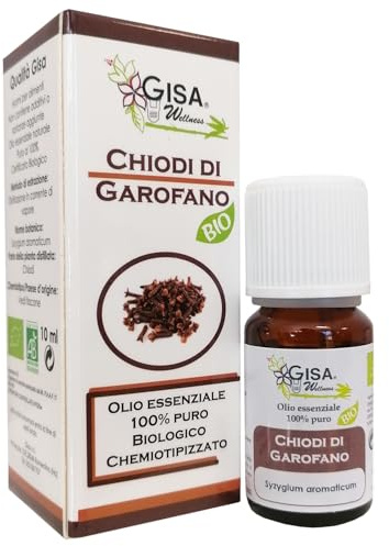 Gisa Wellness Aceite esencial Clavos de Clavel orgánico (Syzygium Aromaticum) 100% puro. Apoyo natural para la higiene bucal de encías y dientes. Purificante y energizante. Fabricado en Italia.