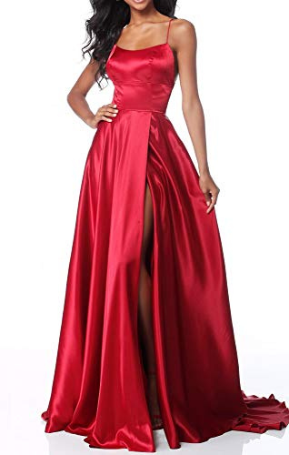 Lecureler Long Satin Spaghetti Strap Prom Dress
