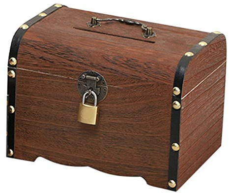 POHOVE Tirelire vintage en bois avec serrure, coffre au trésor en bois, faite à la main, tirelire vintage en bois, coffre-fort, jouet pour enfants