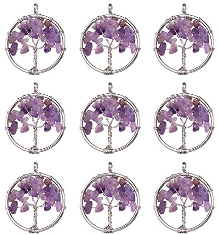 PandaHall Edelstein Chakra Kristall Baum des Lebens Charms Anhänger, Natürlicher Amethyst,