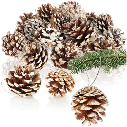 com-four® 25x pine cone pendants with white tips - pine cones as Christmas decoration - cone decoration for hanging - craft set - Christmas decorations (30 cones - white tips)
