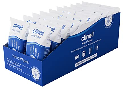 Clinell Antimicrobial Hand Wipes Ideal for Travel - 20 Packs of 8 Wipes - Dermatologically Tested, Kills 99.99% of bacteria & viruses