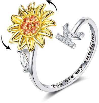 WFYOU Fidget Rings for Anxiety for Women Sunflower Initial Letter Spinner Open Adjustable Ring CZ Daisy Stress Relieving Rings Jewelry Gift for Women Valentine's Day You are My Sunshine Ring