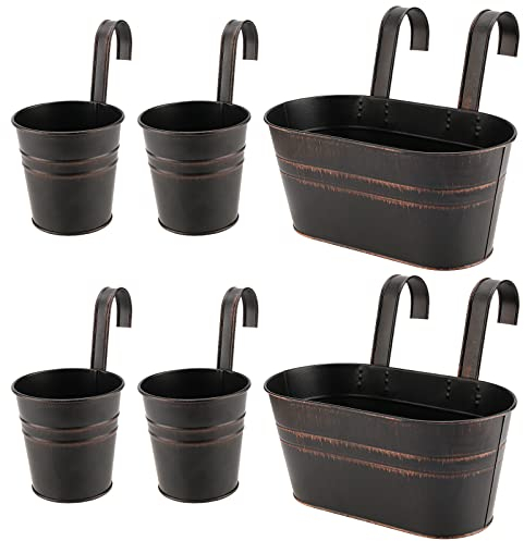 ZOENHOU 6 Pack Hanging Plant Pots, Detachable Metal Wall Planter with Drainage Hole, Over Fence Balcony Bucket Planter for Railing, Indoor and Outdoor, Black