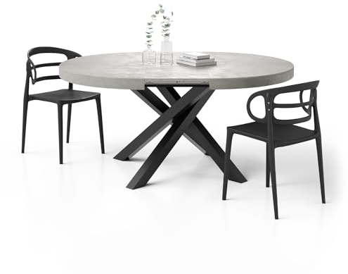 MOBILI FIVER, Runder ausziehbarer Tisch Emma, 120-160 cm, Grauer Beton mit gekreuzten Schwarzen Beinen, Made In Italy
