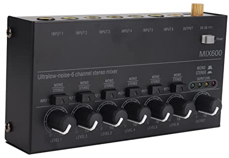 Fockety Mini Audiomixer, Rauscharmer 6 Kanal Line Mixer, 1/4 Zoll 1/8 Zoll TRS Ausgangs und Eingangssoundmixer, Stereomixer für Gitarren, Bass, Keyboard Mixer, Bühnen Submixer