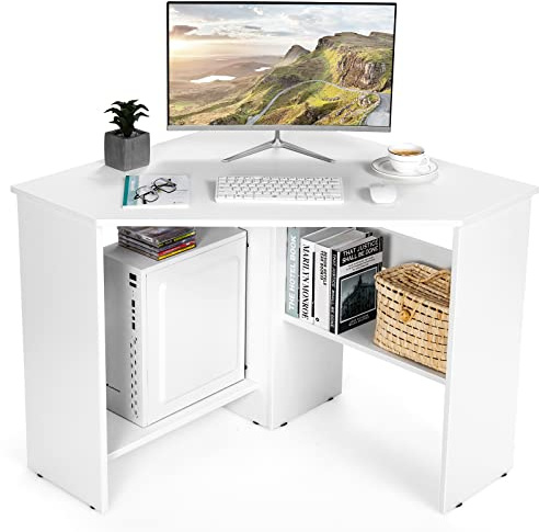 CASART Corner Computer Desk, Wooden Writing Desk with Storage Shelves & Cable Holes, Space-saving Home Office Computer Workstation for Small Space in Bedroom Study Living Room (White) | with Storage Shelves & Cable Holes, Space-saving Home Office Computer Workstation for Small Space in Bedroom