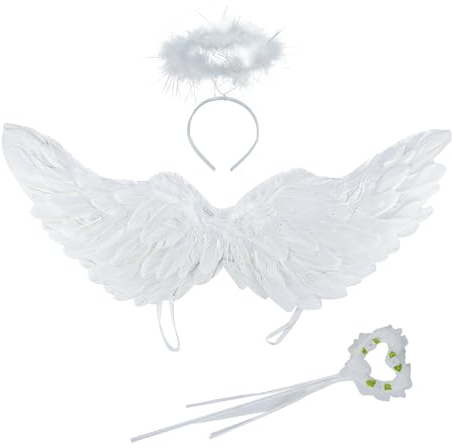 60CM Alas de Angel Blancas, Kikuo Alas de Plumas para Mujer con Varita y Halo de Ángel Blanco, Disfraz Angel Blanco para Halloween Carnaval Cosplay Fiestas de Disfraces