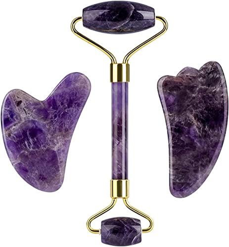 Amethyst Rough Stone Amethyst Massagel Naturstein Gesichtsrolle Gua Sha Werkzeuge Set Set SPA Akupunkturkratzerkristallkörpergesicht Gesundheitsmassage (Color : Purple 3 Pcs Set)