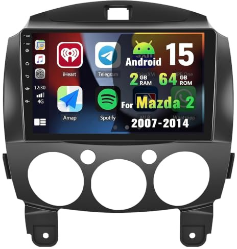 CAMECHO 2G+64G Android15 Car Radio for Mazda 2 2007-2014 with Wireless Carplay Android Auto, 9 Inch Touch Screen Car Stereo with Bluetooth Sat Navi Mirrror Link RDS/FM HiFi SWC+Backup Camera