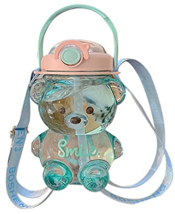 Bear Water Bottle, 1000ml Portable Bear Shaped Water Bottle With Straw And Strap Cute Water Bottles For Teens Girls School Sports Creative Milk Tea Juice Drinking Bottle (Blue)