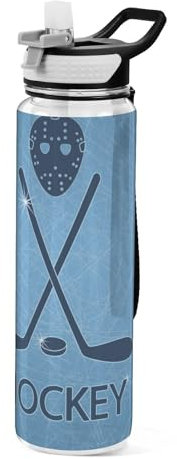 Mnsruu Transparente Sport-Wasserflasche mit Strohhalm, auslaufsichere Trinkflasche, Eishockeyschläger und Puck-Fahrradflaschen für Sport, Büro, Schule, BPA-freier Tritan-Kunststoff, 1 Liter