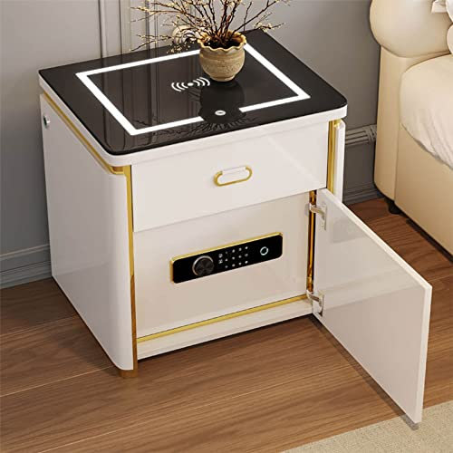Bedside Table with Safe and Wireless Charging - Smart LED Light, Three-Color Light, USB Port Bedroom and Living Room Furniture