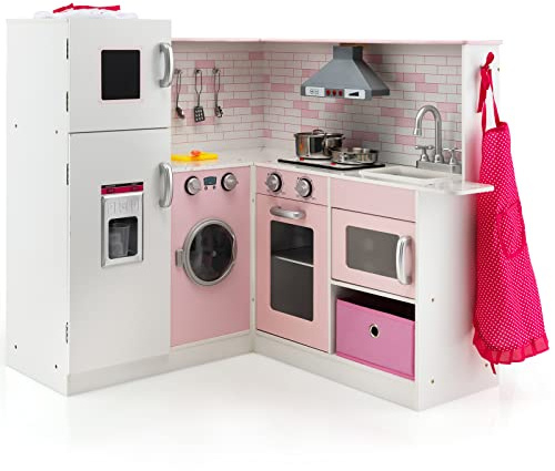 COSTWAY Cuisine d'Angle Rose avec Tableau Noir & 16 Accessoires pour Enfant, Sons & Lumière Réaliste, Machine à Glaçons, Tablier & Toque, Jeu de Bois 3 Ans+