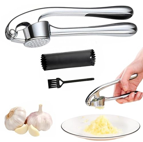 Knoblauchpresse Edelstahl - Garlic press KüChenhelfe mit Knoblauchschäler und Bürste Knoblauch Presse Einfach sauber Knoblauchpresse mit leicht zu drückendem Griff