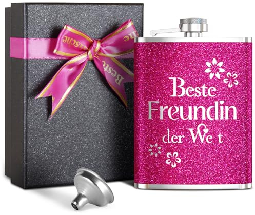 LILABIENE Flachmann Freundin Pink Glitzer mit Gravur Beste Freundin der Welt Rosa Damen Frauen Geburtstag Weihnachten Geschenk 8oz/240ml