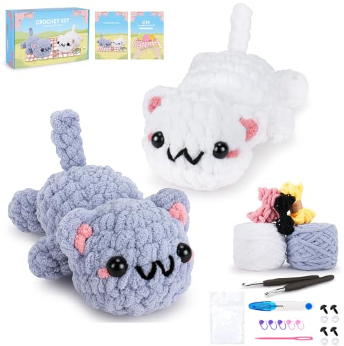 Katzen-Häkelset für Anfänger, Kätzchen, Häkeltier-Set, komplettes Tierhäkeln mit Schritt-für-Schritt-Video-Tutorials, Strickset, Häkeln, Starter-Set, Tier-Set, Anfänger, Häkel-Katzen-Kit