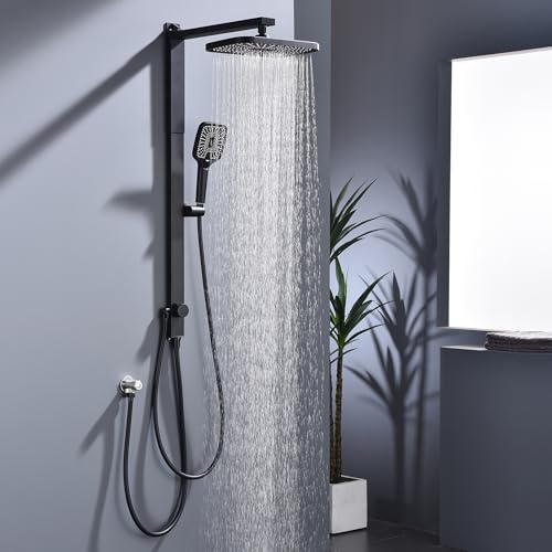 HOMELODY Regendusche Duschsystem ohne Armatur, Schwarz Handbrause mit 3 Funktionen, Großer Quadratischer Duschkopf, Regenwalddusche Höhenverstellbar Duschstange von 950-1180mm