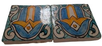 Lot de 2 dalles de mosaïque marocaines Zellige - Motif Hamsa - 10 cm