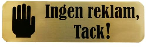 Ingen reklam tack! Skylt till brevlåda, brevboxar och brevinkast – 30x100 mm – Självhäftande guldfärgad brevlådeskylt med tydlig, svart text
