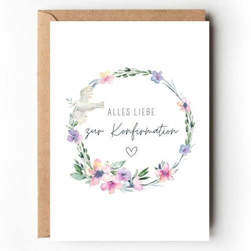 Glückwunschkarte zur Konfirmation floral, Konfirmationskarte für Mädchen mit Blumenkranz Aquarell, Grußkarte zur Konfirmation Feier A6 mit Umschlag für Geld Geschenk (1 Karte mit Kuvert)