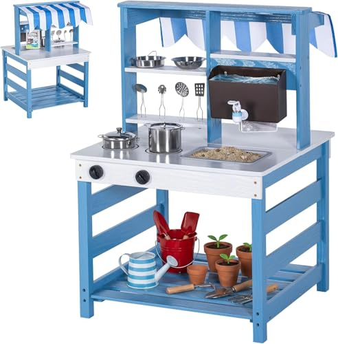 BRINJOY Mud Kitchen, Kids Kitchen Playset, Double-Sided Wooden Outdoor Mud Kitchen with Realistic Faucet, Removable Sink, Cooking Toys, Menu, Backyard Mud Table, Gift for Boys Girls (blue)