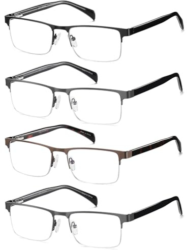 EYECEDAR 4-Pack Reading Glasses Men Blue Light Blocking Metal Half Frame Rectangle Style Spring Hinges Readers 2.0