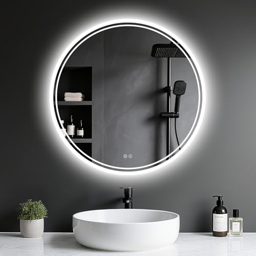 Badspiegel mit Beleuchtung - Badezimmer-Spiegel-LED mit Beschlagfrei, Touch-Schalter, Dimmbar, 3 Lichtfarben, Speicherfunktion, Badezimmerspiegel Explosionsschutz Wandspiegel - Spiegel Rund 60cm