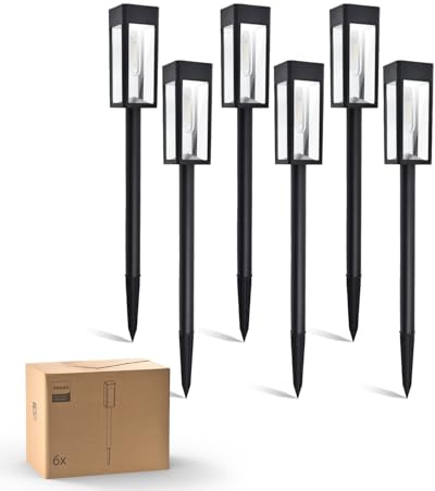 Philips Lot de 6 Lampes Solaires pour Allées - Éclairage Paysager Jardin à LED, Verre et Métal, 3000K Blanc Chaud, Étanche, pour Décoration de Cour, Allée, Terrasse, Driveway, Pelouse
