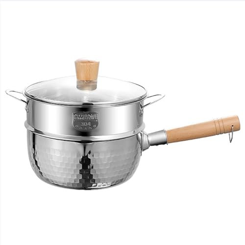 Sartén con tapa y vaporera, cacerola antiadherente martillada de acero inoxidable para cocinar ramen y leche, 22 cm